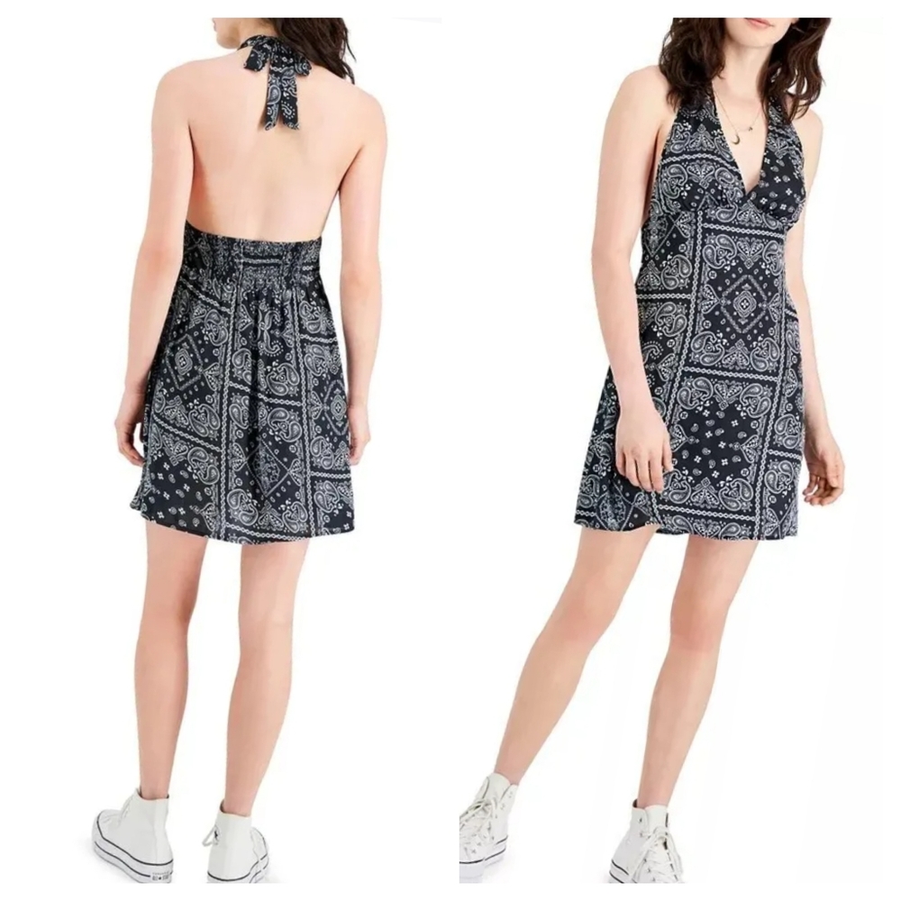 Just Polly Halter Dress Women L Deep V Mini Black White Bandana